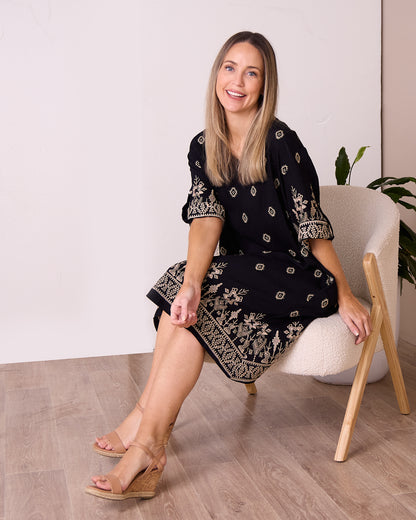 Aster Embroidered Dress – Black