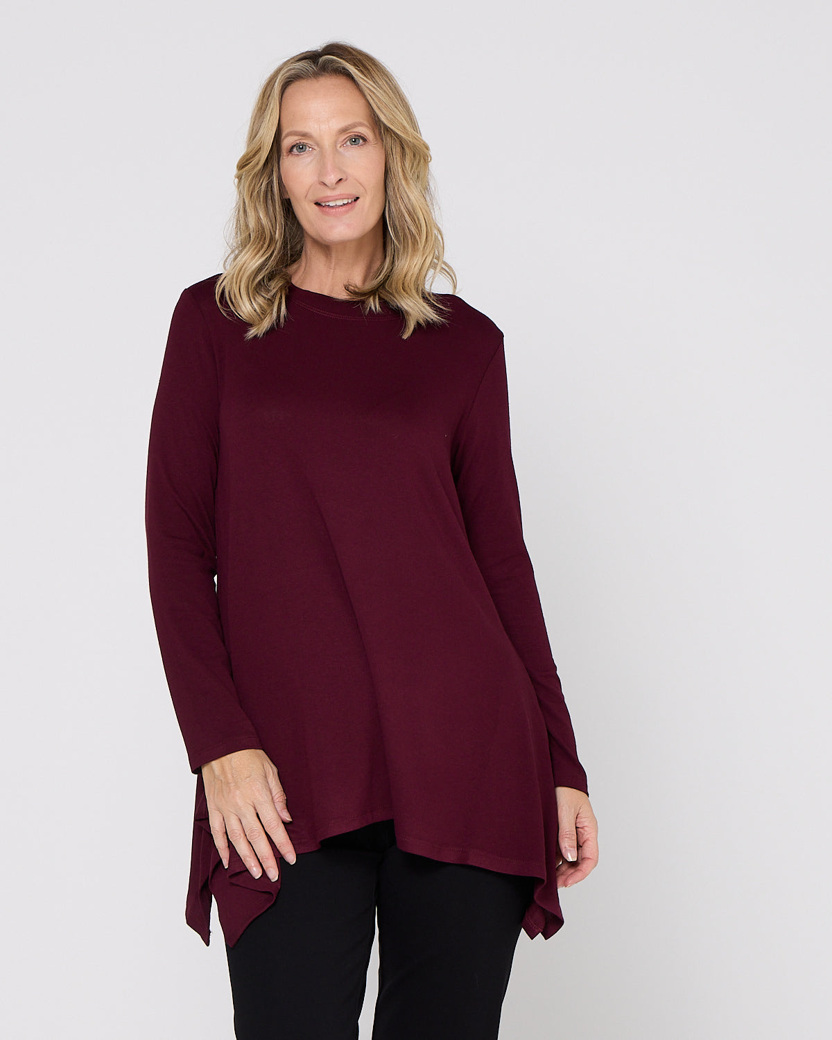 Andrea High Neck Swing Top - Burgundy