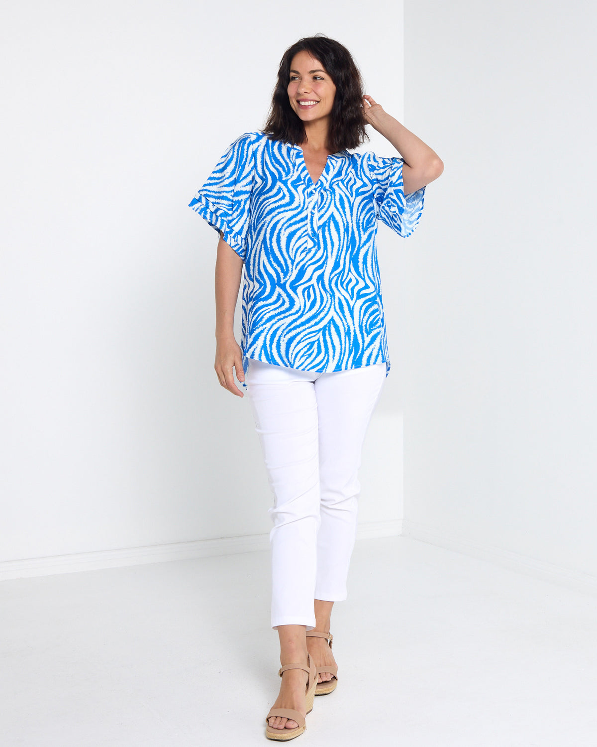 Henley Split Neck Top - Cobalt Zebra
