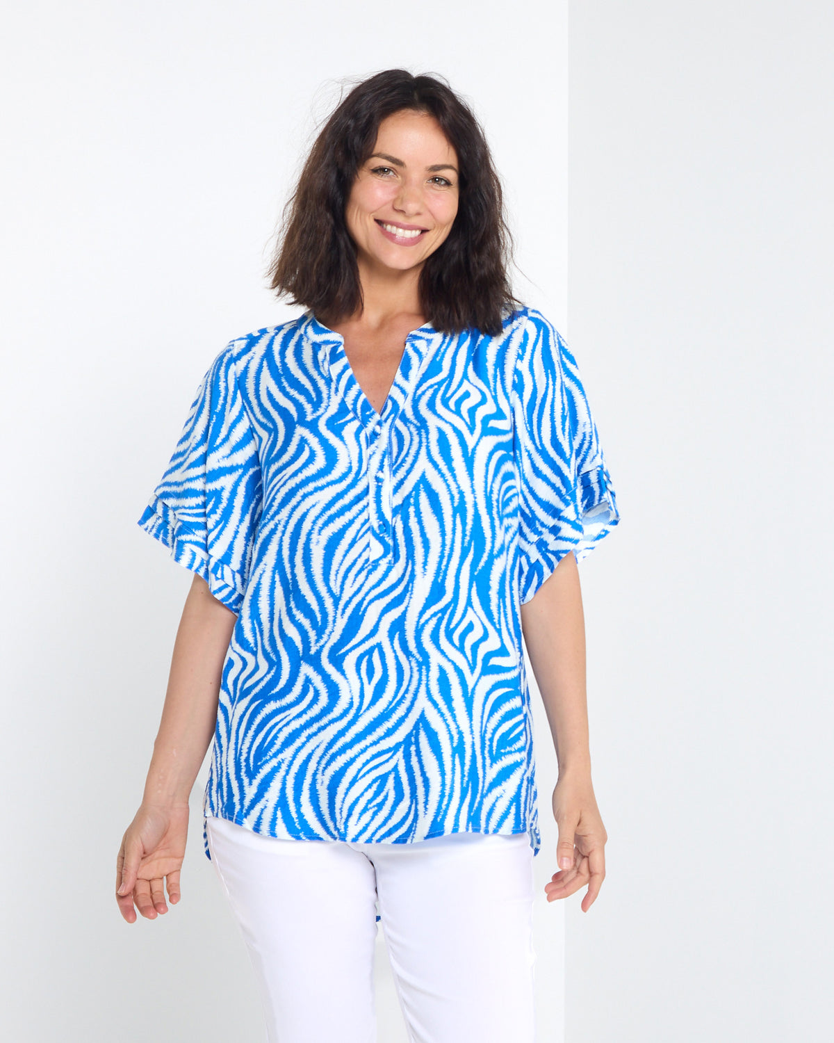 Henley Split Neck Top - Cobalt Zebra