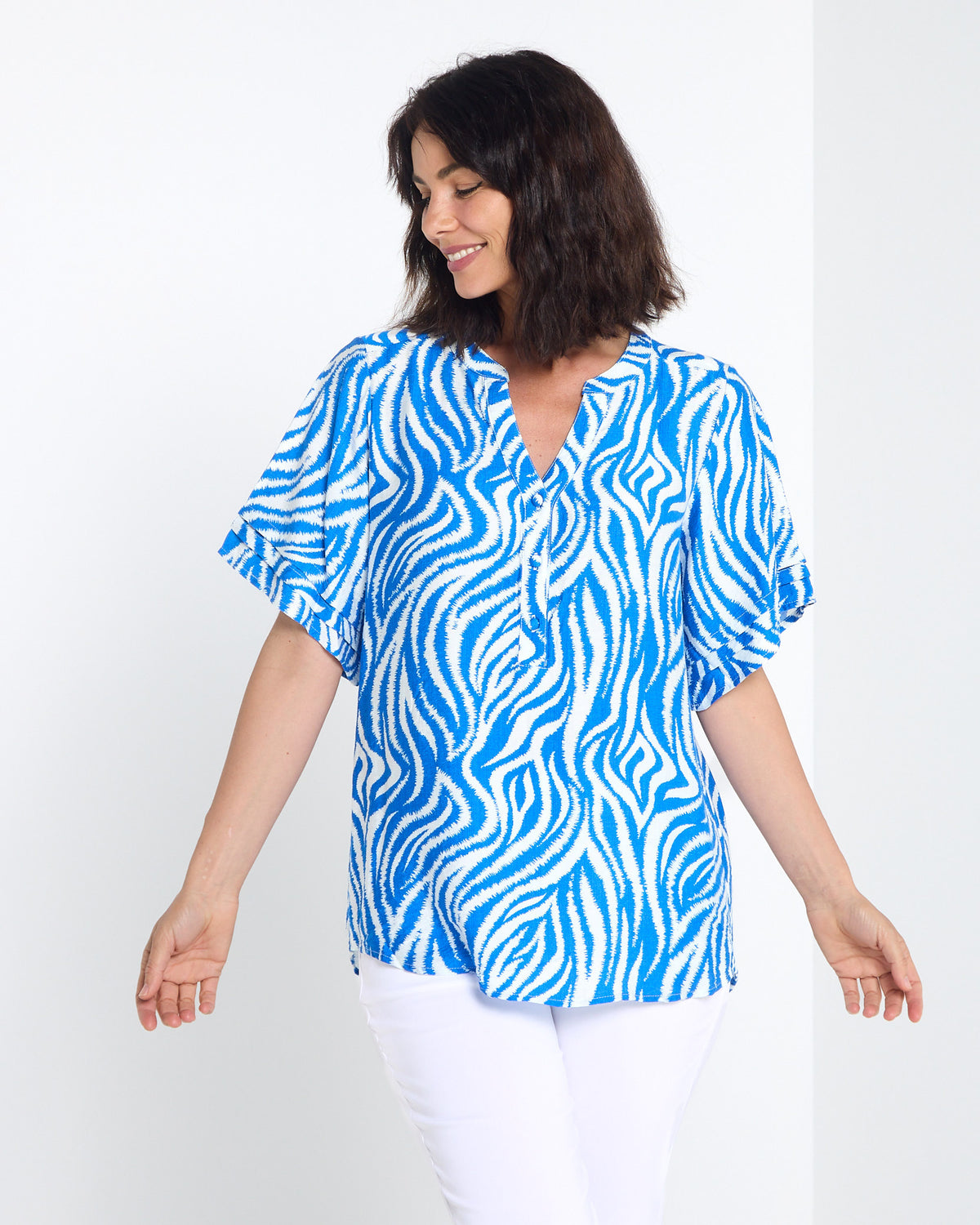 Henley Split Neck Top - Cobalt Zebra