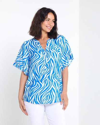 Henley Split Neck Top - Cobalt Zebra
