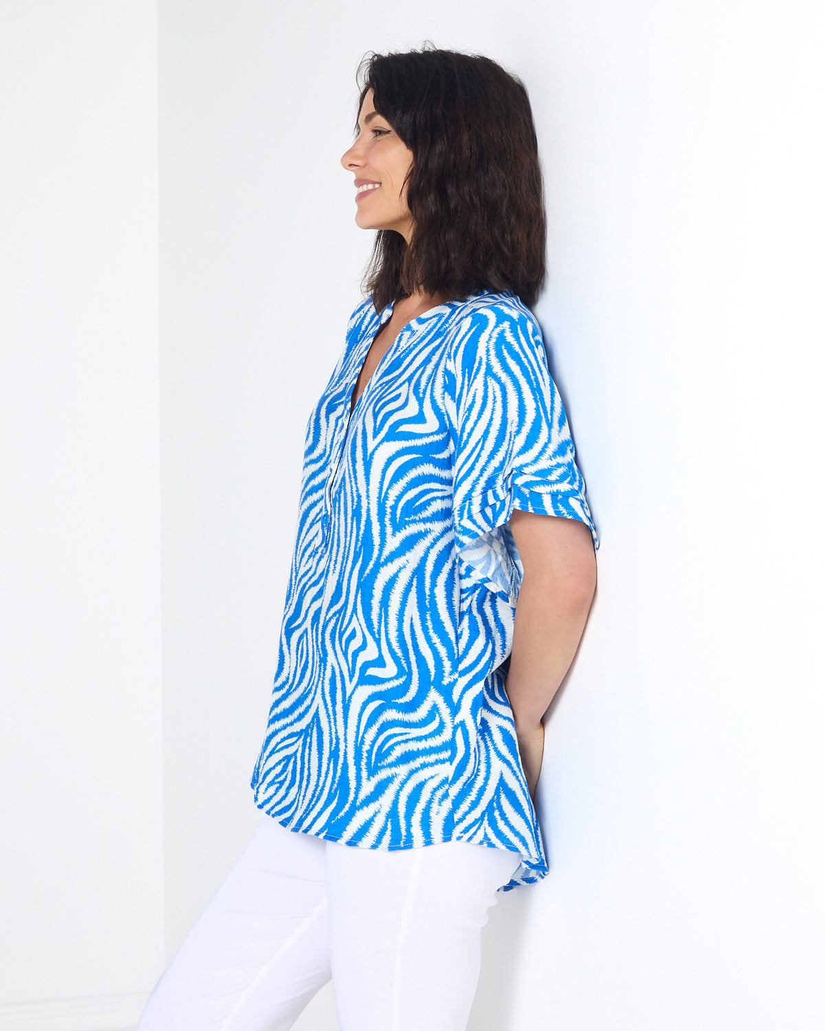 Henley Split Neck Top - Cobalt Zebra