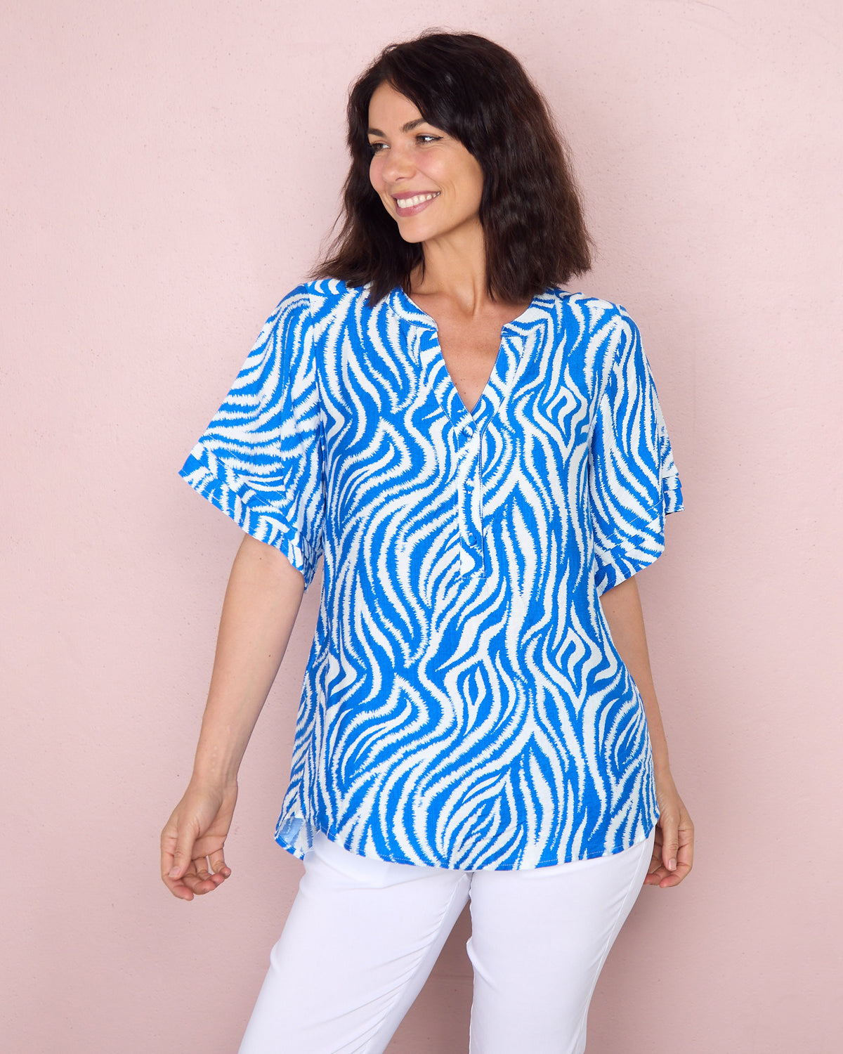 Henley Split Neck Top - Cobalt Zebra