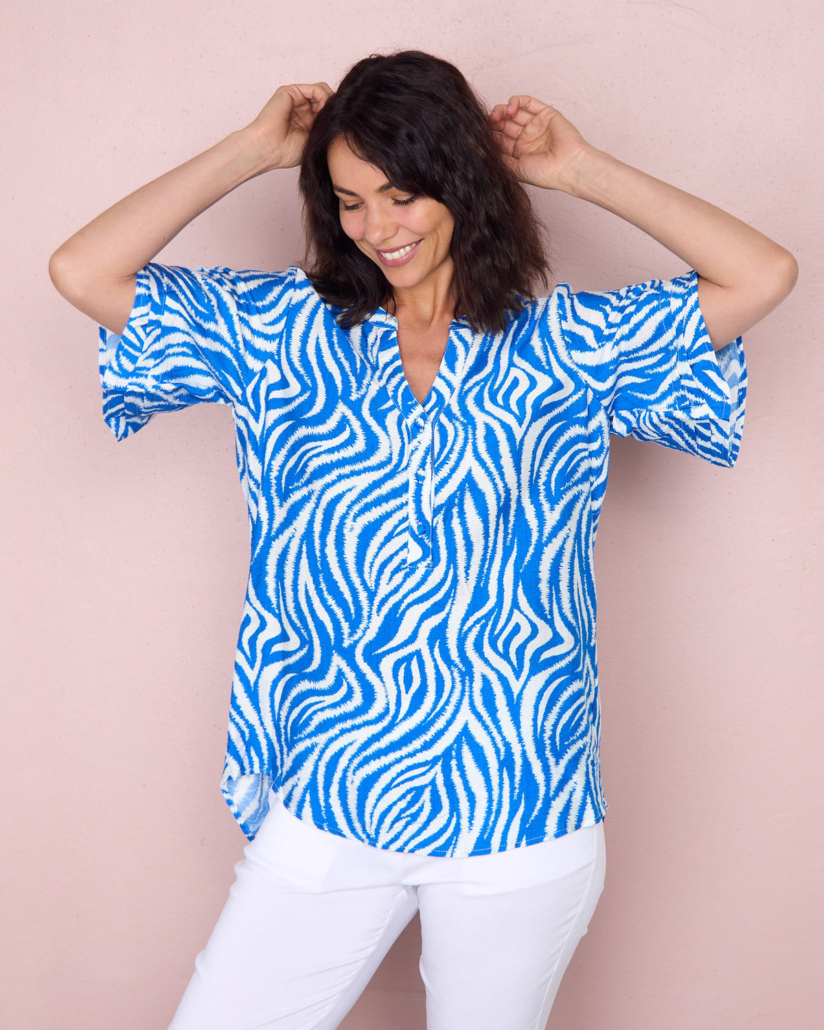 Henley Split Neck Top - Cobalt Zebra
