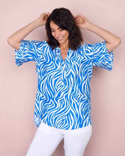 Henley Split Neck Top - Cobalt Zebra
