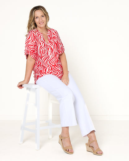 Henley Split Neck Top - Red Zebra