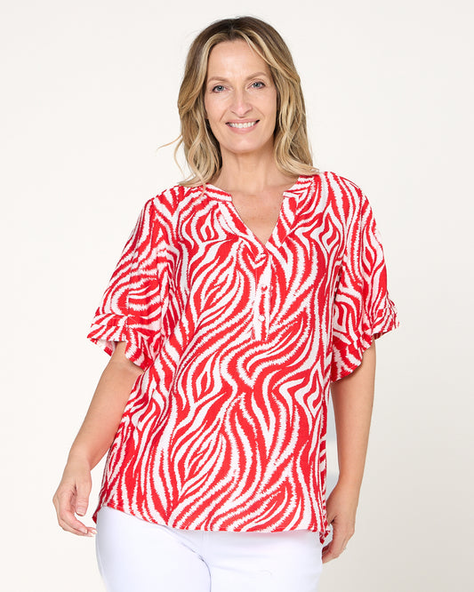 Henley Split Neck Top - Red Zebra