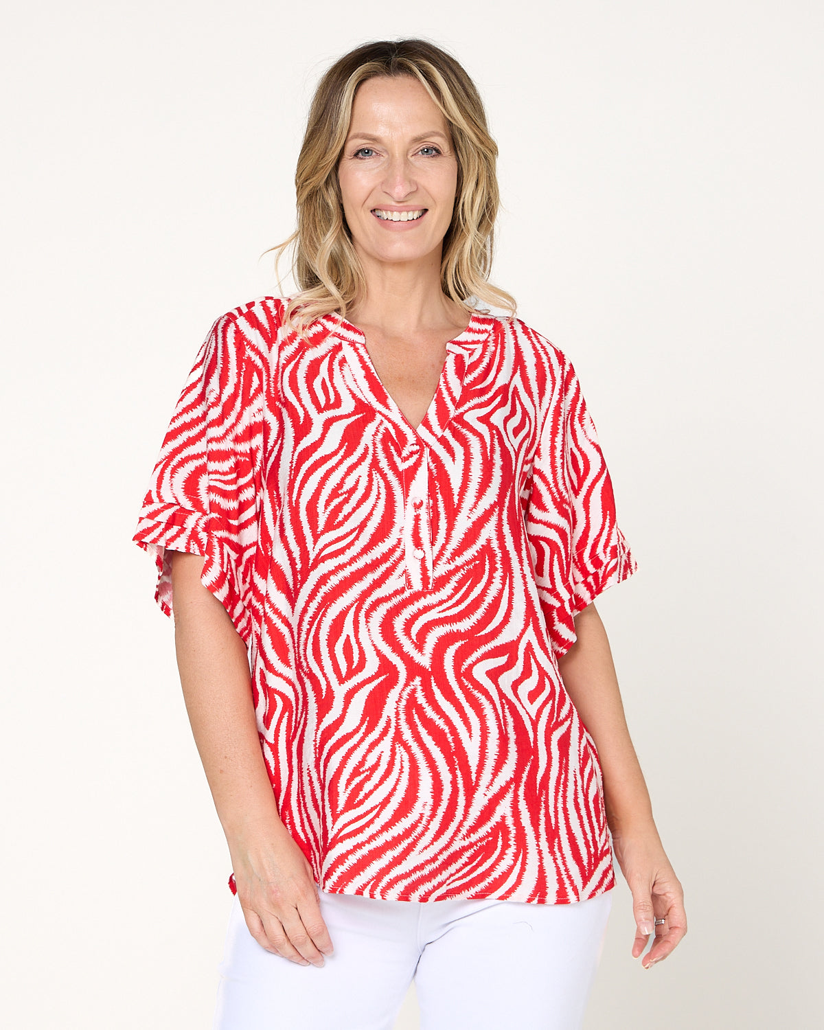 Henley Split Neck Top - Red Zebra