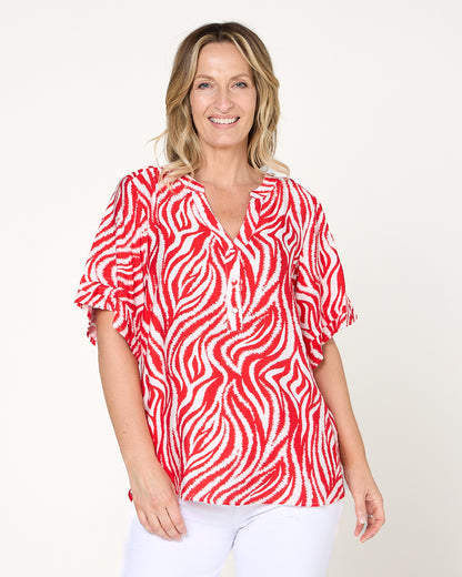 Henley Split Neck Top - Red Zebra