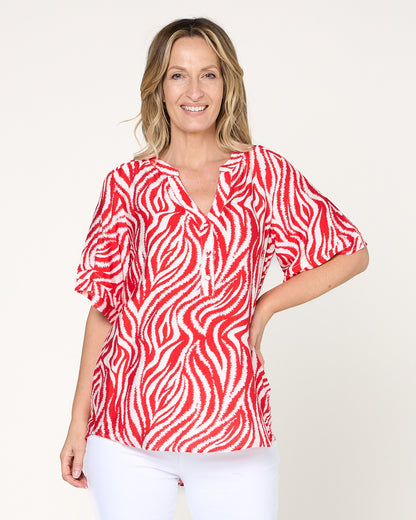 Henley Split Neck Top - Red Zebra