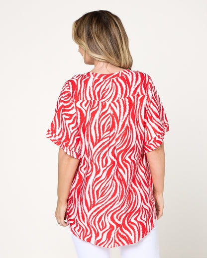Henley Split Neck Top - Red Zebra