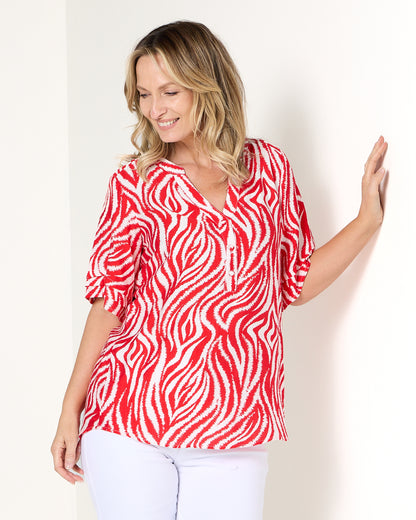 Henley Split Neck Top - Red Zebra