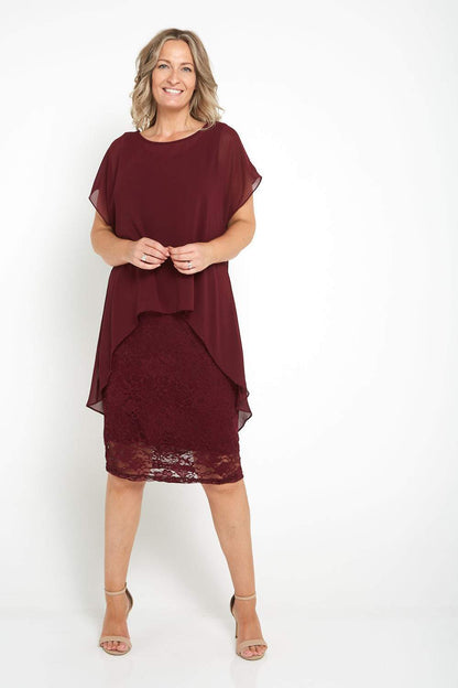 Ophelia Lace & Chiffon Dress - Burgundy