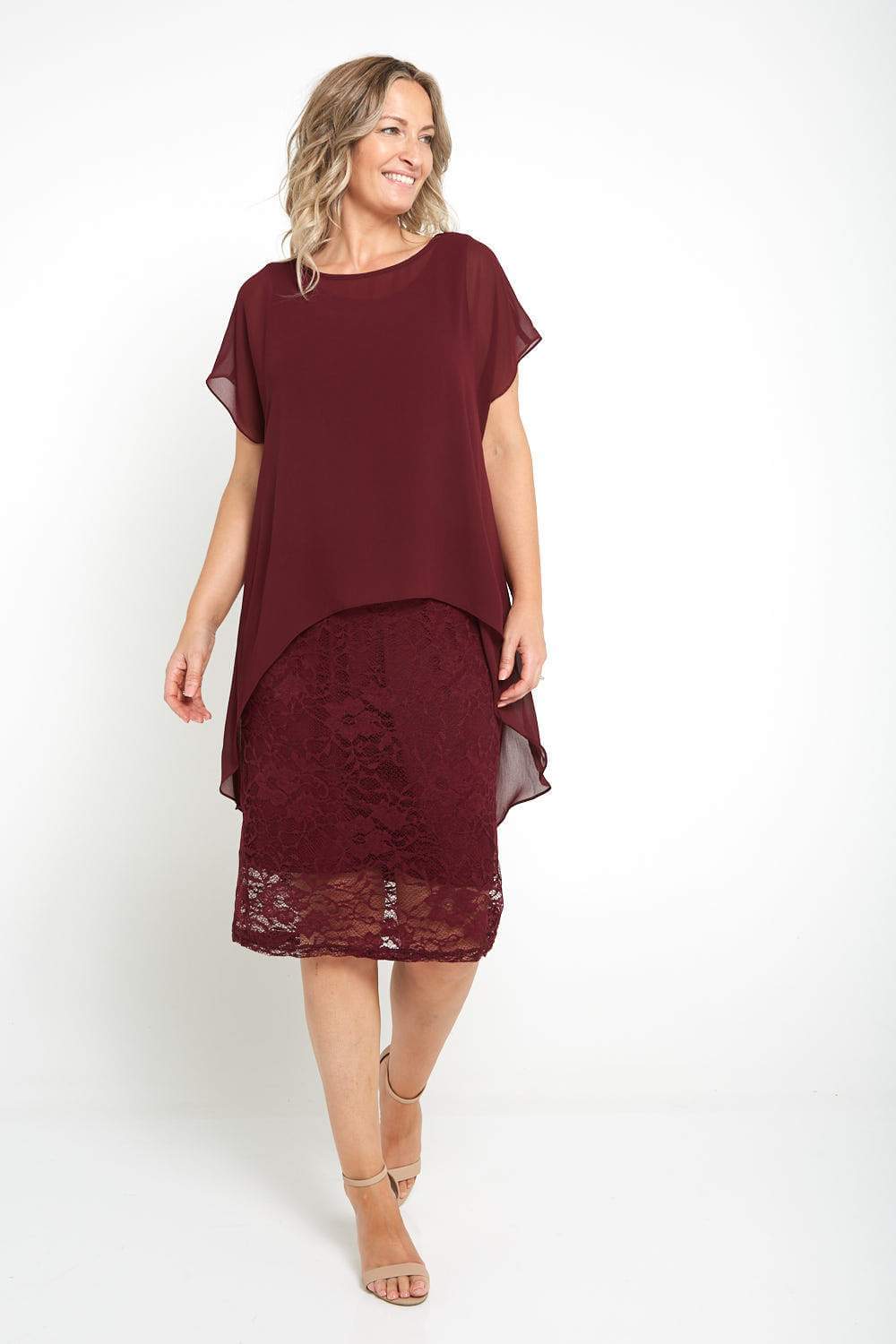Ophelia Lace & Chiffon Dress - Burgundy