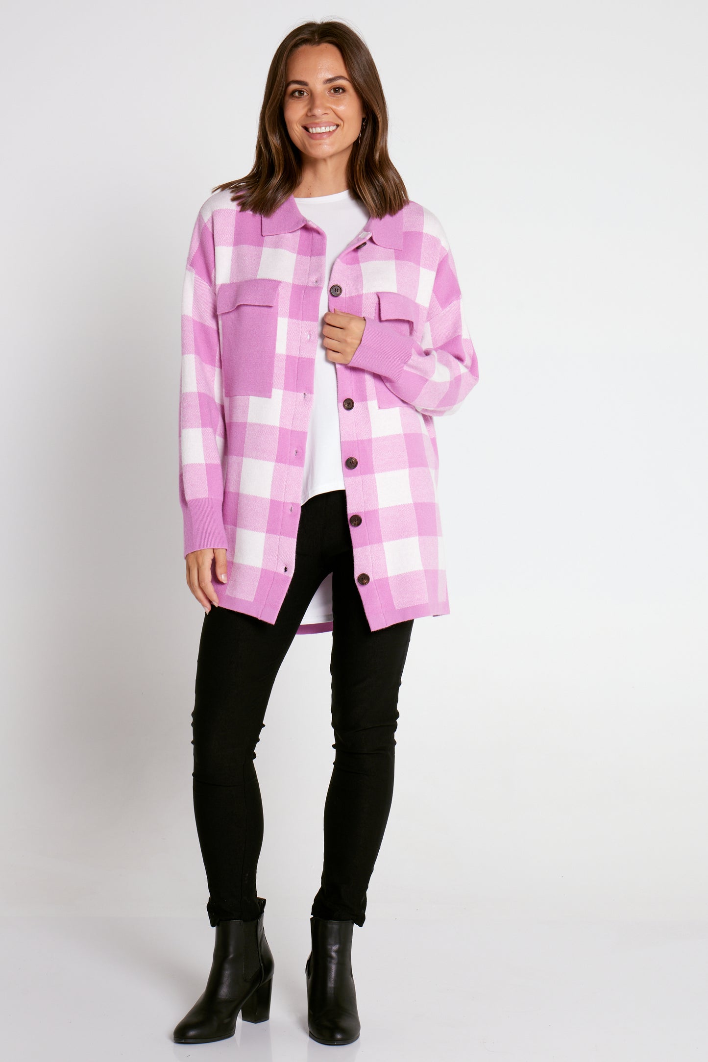 Kasey Knitted Shacket - Pink Check