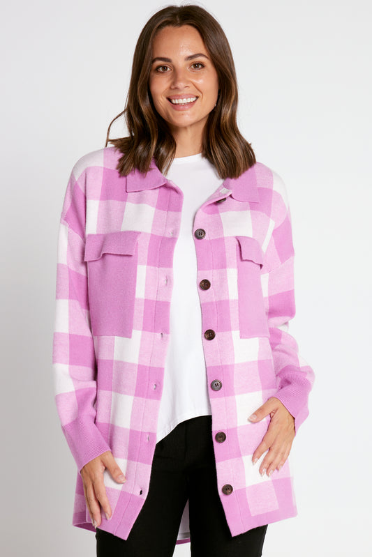 Kasey Knitted Shacket - Pink Check
