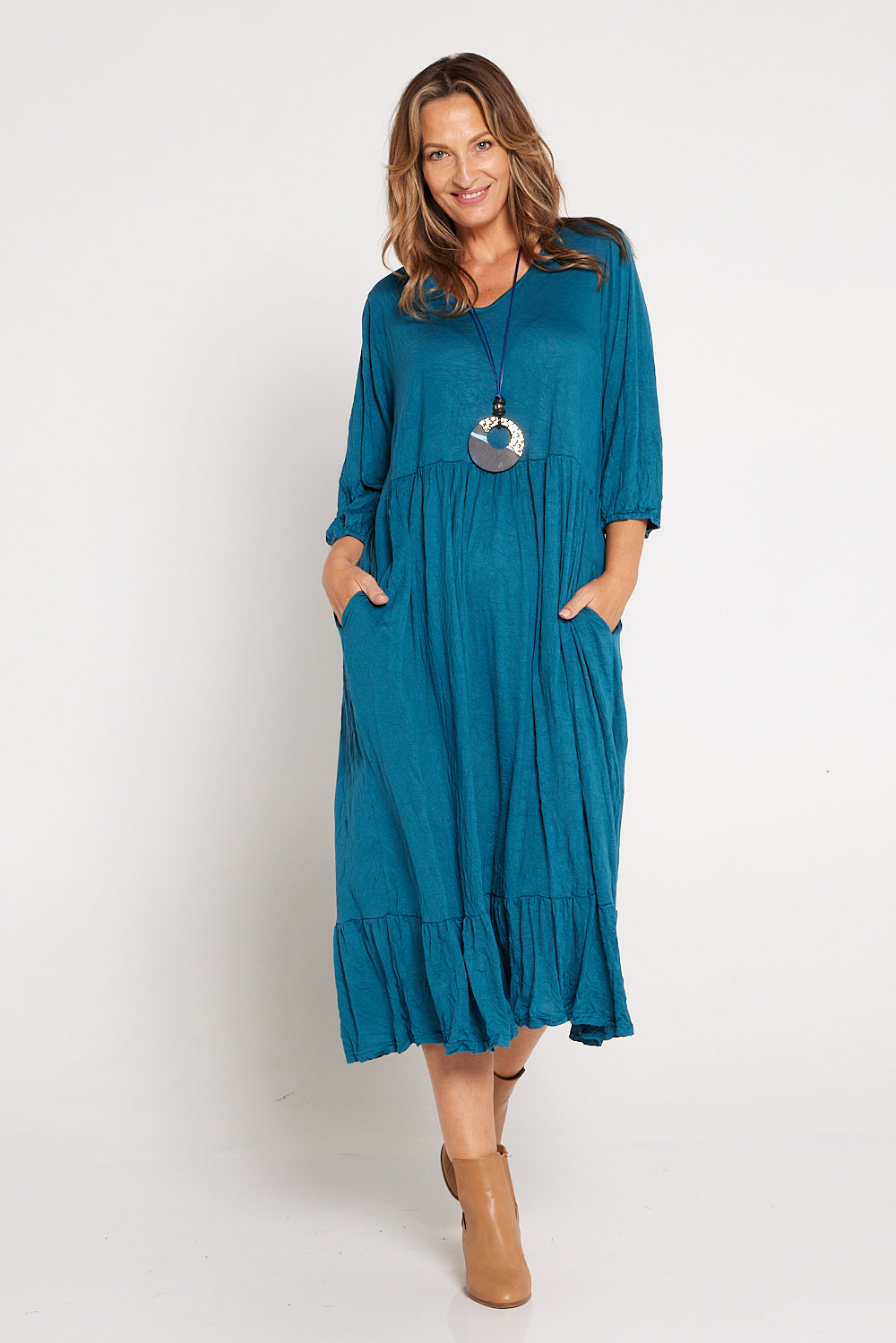 Leith Dress Teal Cotton Village Clothing for Women Winter