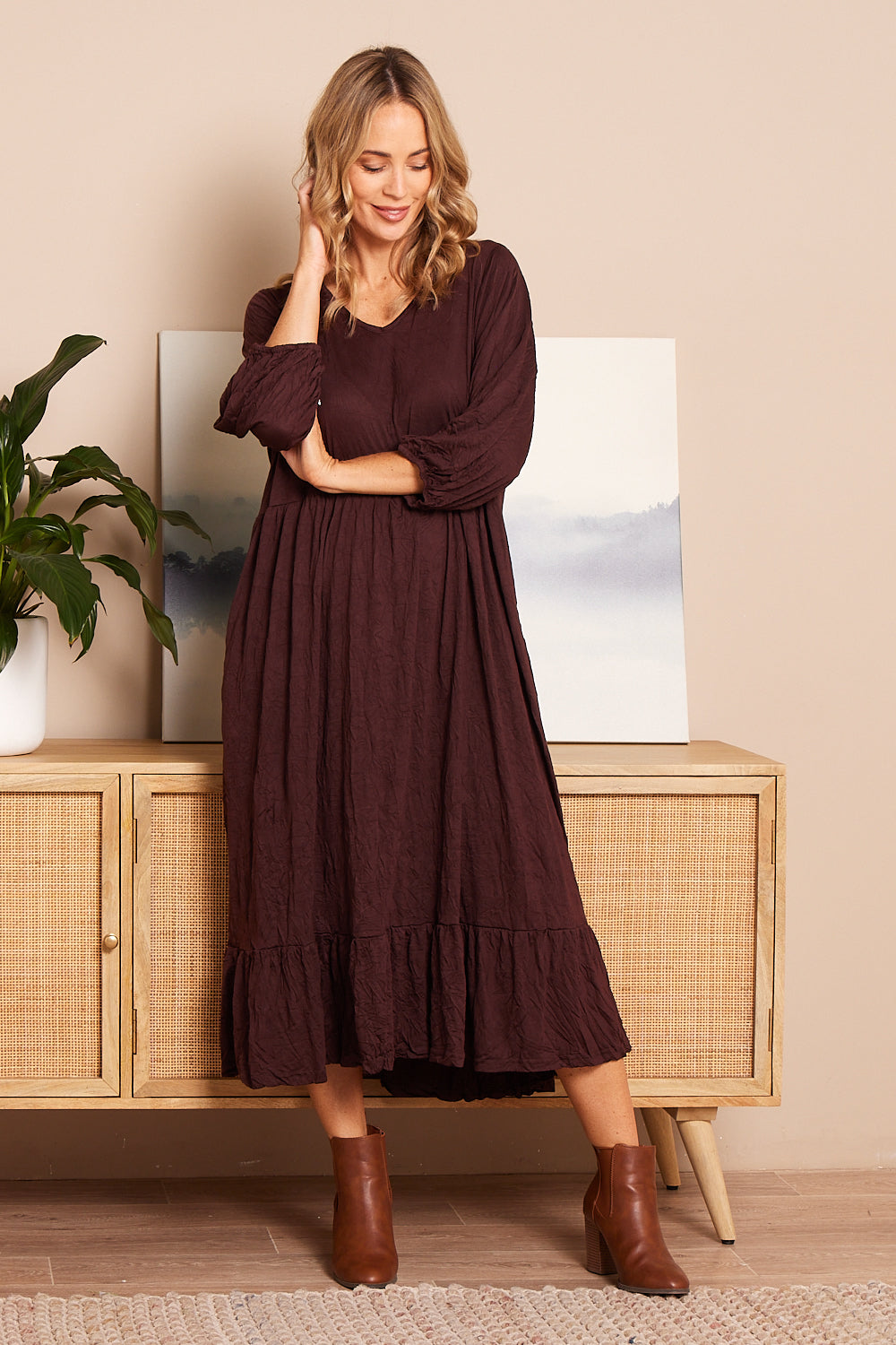 Leith Dress Chocolate Cotton Village Clothing Winter 2023 TULIO Fashion
