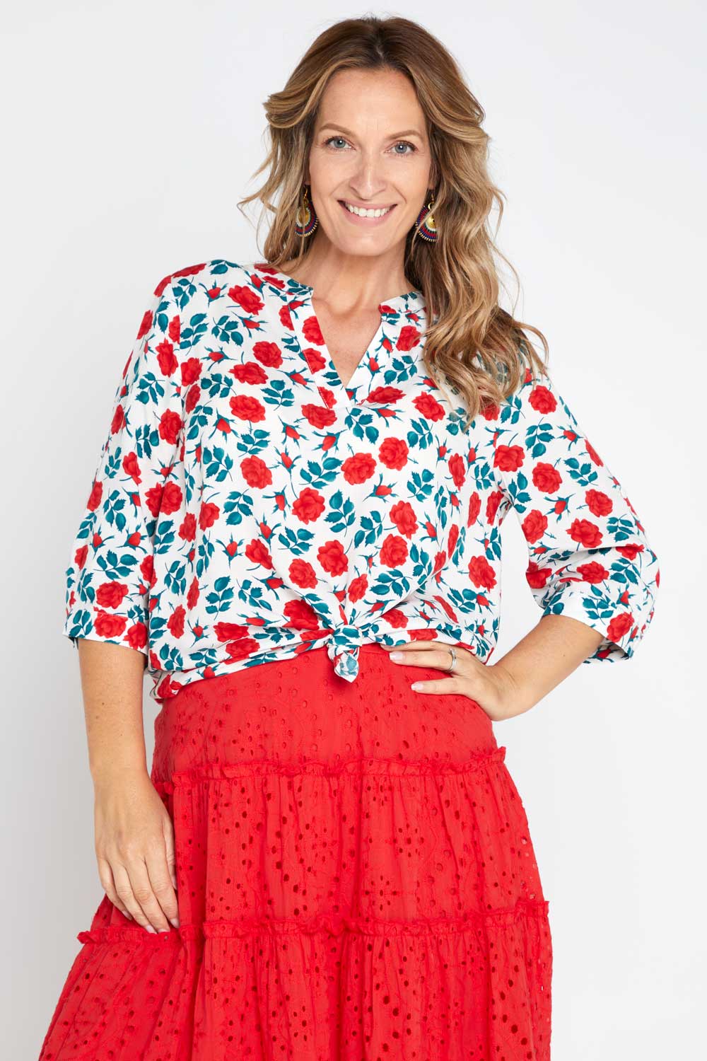 Marielle Blouse - White/Red Rose