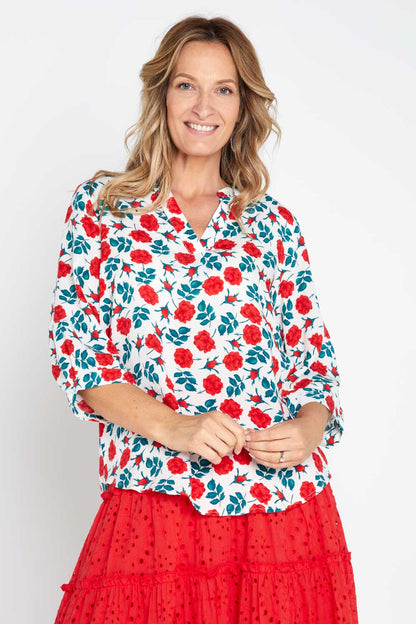 Marielle Blouse - White/Red Rose