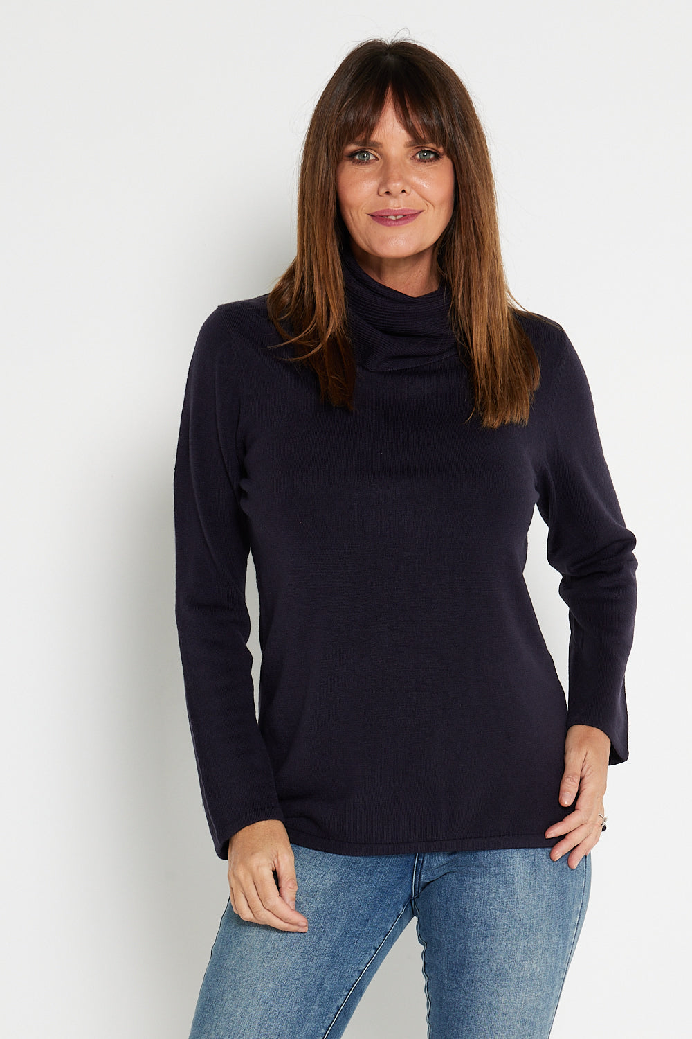 Marla Cowl Knit Top - Navy | Mature Women's Winter Basics – TULIO Fashion