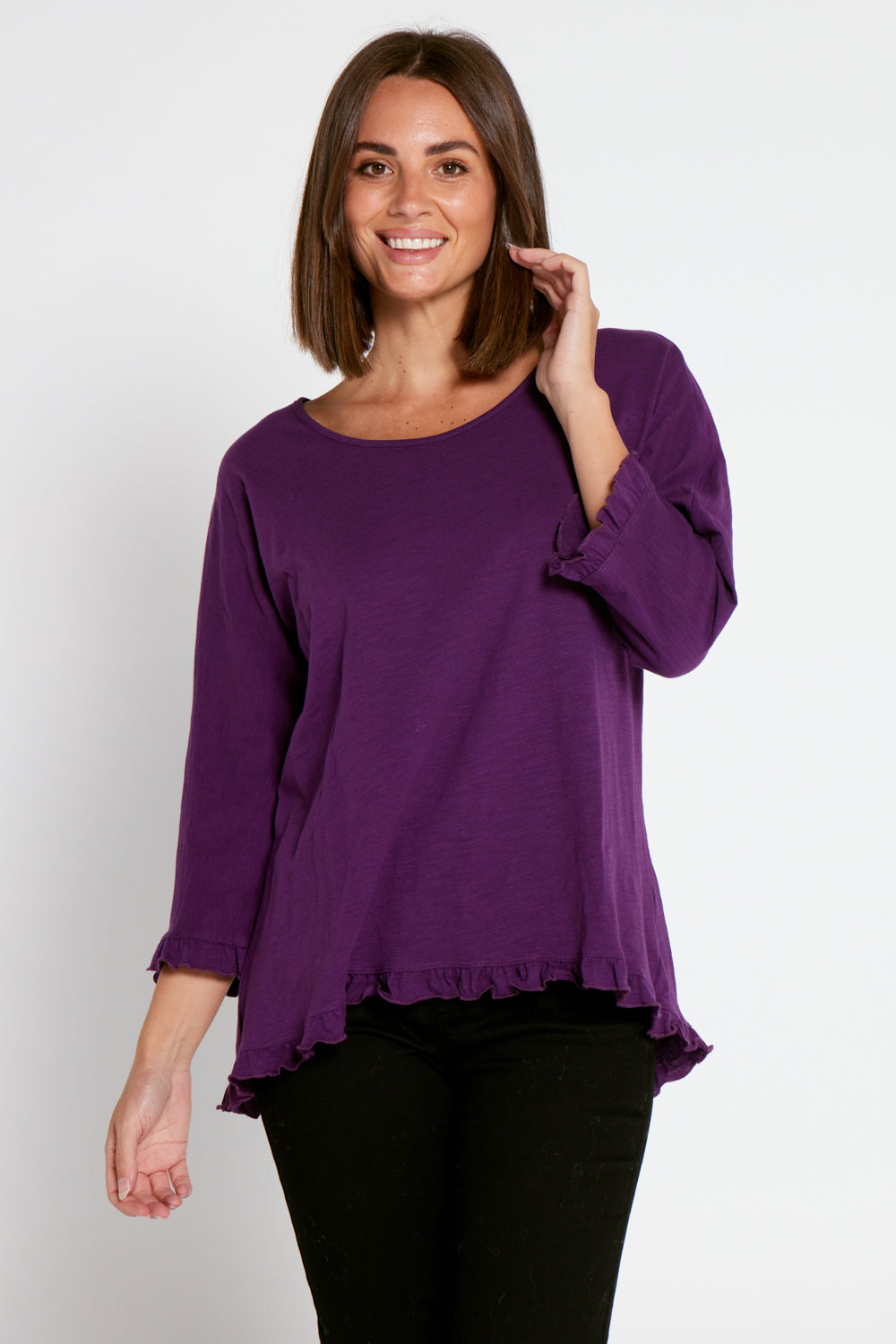 Ruffle Core 3/4 Sleeve Top - Purple | Cordelia St Clothing for Winter ...