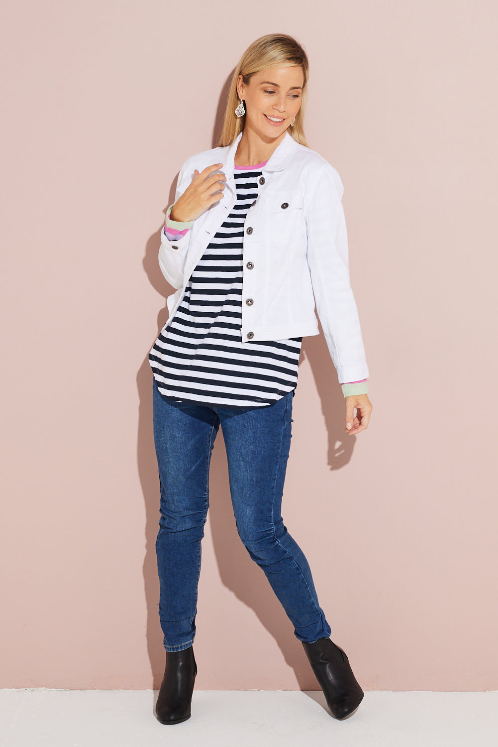 Ladies white collarless denim jacket sales