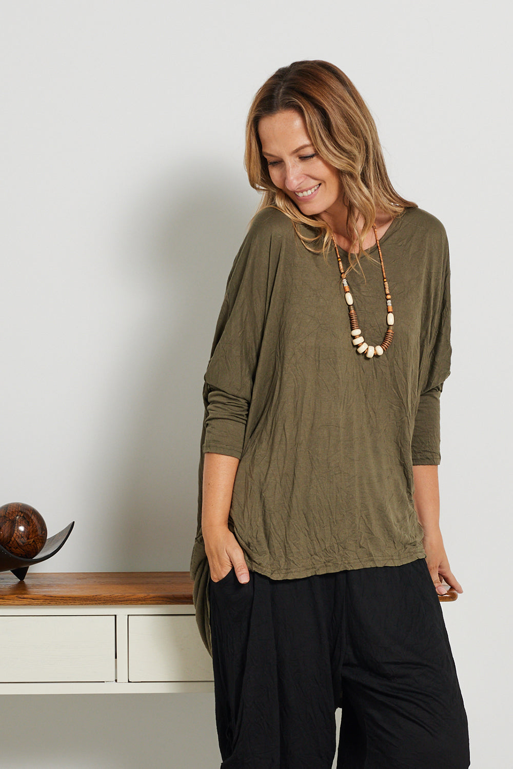 V neck Celia Top - Khaki